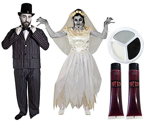 ZOMBIE ODER GEISTER PAAR KOSTÜM = BRAUT & BRÄUTIGAM VERKLEIDUNG= NADELSTREIFEN ANZUG+ FLIEGE +ZYLINDER= FRAUEN ELFENBEIN FARBENDES HOCHZEITSKLEID+SCHLEIER=HOCHZEITSPAAR=MÄNNER-MEDIUM+FRAUEN-XXLARGE
