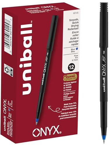 uni-ball ONYX Rollerball Pen, Fine Point (0.7mm), Blue, 12 Count | Silky-smooth glide, acid-free archival ink, uni Super Ink protects against water, fading & fraud, 73% recycled materials