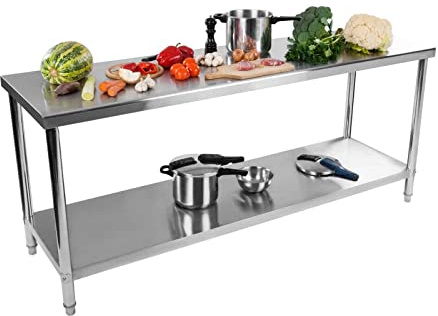 Royal Catering RCAT-200/60 Arbeitstisch Edelstahltisch (200 x 60 cm, 1 Arbeits- und 1 Ablagefläche, bis 400kg, höhenverstellbare Füße, Edelstahl)
