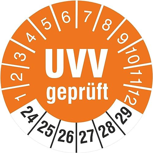 100 x Prüfplakette UVV geprüft Prüfung 30 mm Prüfetitkett 2024-2029