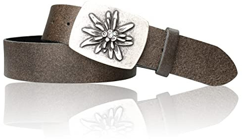 FRONHOFER Trachtengürtel aus echtem Leder Edelweiß Gürtelschnalle 17504, Größe:Körperumfang 105 cm/Gesamtlänge 120 cm, Farbe:Trachten-braun