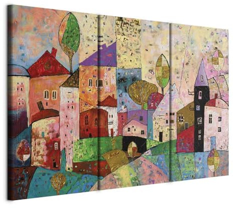 B&D XXL - Leinwandbild Häuser bunt wie, 120x80 cm, 3-teilig, Schlafzimmer | Hochwertige Leinwand, sofort aufhängbar, ideal fürs Wohn- oder Schlafzimmer, wasserfest und lichtecht, langlebig, stilvoll