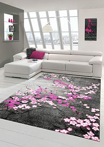 Designer Teppich Moderner Teppich Wohnzimmer Teppich Blumenmuster Grau Lila Pink Weiss Rosa Größe 160x230 cm