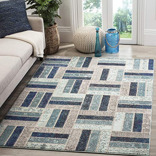 SAFAVIEH Boho Teppich für Wohnzimmer, Esszimmer, Schlafzimmer - Monaco Collection, Kurzer Flor, Grau und Blau, 201 X 279 cm