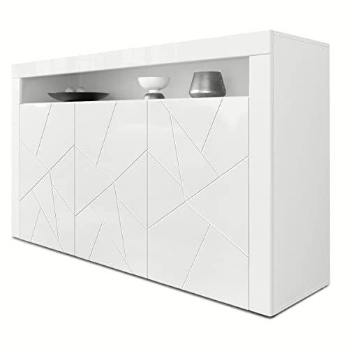 Vladon Sideboard Valencia, Made in Germany, Kommode mit 3 Türen und 1 offenem Fach, Weiß Matt/Weiß Hochglanz Element mit 3D Struktur/Weiß Hochglanz (155 x 92 x 40 cm)