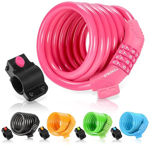 ETRONIC M6 Self Coiling Resettable Combination Bike Cable Lock, 6-Feet X 3/8-Inch, Pink