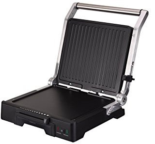 JATA GR1100 - Grill y Plancha de Cocina 2000 W. Parrilla Eléctrica con Placas Mixtas Antiadherentes de 27,5 x 24 cm. Tapa Superior Adaptable. 6 posiciones. Apertura 180º