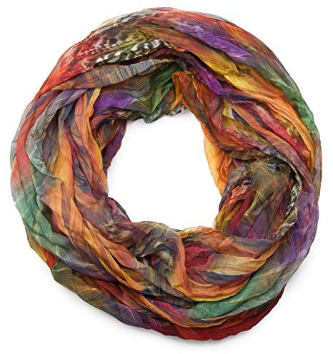 styleBREAKER Damen Loopschal Feder Muster Batik Style | leichter Schlauchschal mit Crash Crinkle Optik | weiches Halstuch für Frühling und Sommer, Farbe:Bunt