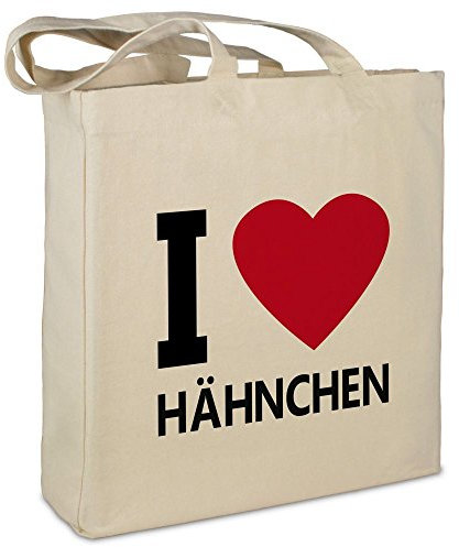 Stofftasche mit Namen Hähnchen - Motiv I Love - Farbe beige - Stoffbeutel, Jutebeutel, Einkaufstasche, Beutel