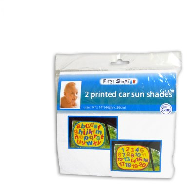 First Steps Pack of 2 Printed Car Sun Shades for Holiday & Travel Easy to Use Fun Learning for Child Baby Toddler