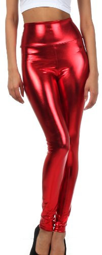 Sakkas 2616 Shiny Liquid Metallic High Taille Stretch Leggings - Rot - XL