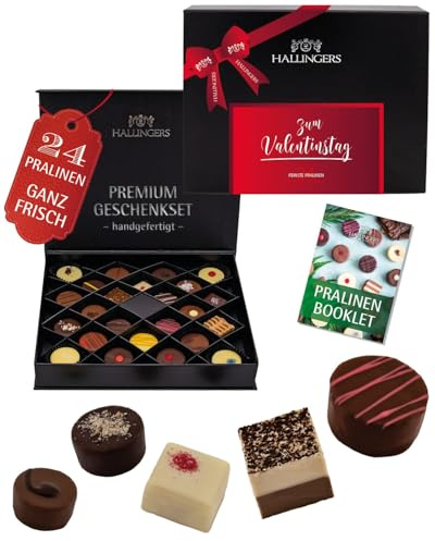 Hallingers Genuss Manufaktur Pralinen Valentinstagsgeschenk - ohne Alkohol, handmade aus Confiserie-Edelkakao in wertiger FirstClass-Geschenkbox Zum Valentinstag, Valentintstag für Frauen Männer