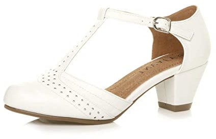 Ajvani Womens Ladies mid Block Heel t-bar Cut Out Buckle Brogue Shoes Sandals , White Matte, 7 UK