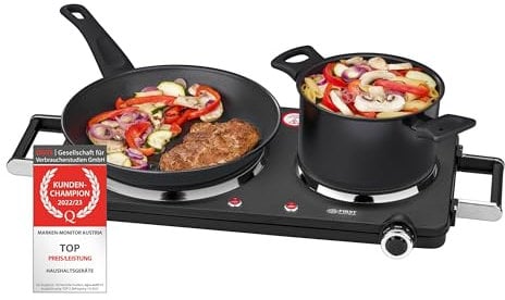 TZS First Austria Infrarot Keramik-Herdplatte doppelt | ALLE Topfarten | Doppelkochplatte 22cm / 16,5cm | Kochfeld für Umzug, Camping, Ferienwohnung - schnelles Aufheizen & stufenlose Einstellung
