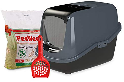 PeeWee Katzentoilette EcoHus Katzenklo mit Haube Katzen WC geschlossen inkl. 3kg Streu Holzpellets, Farbe:Schwarz-Anthrazit