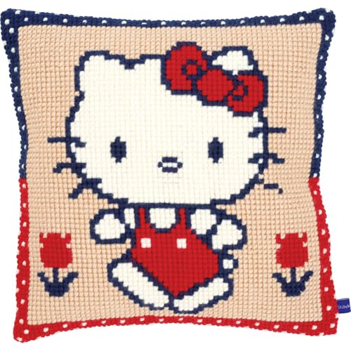 Vervaco Kreuzstich Stickpackungen Kissen Stickerei Set Anfänger Vorgedruckt Hello Kitty Spaziergang DIY Set Kreativ Set Für Erwachseneca. 40 x 40 cm Bastelset Handwerker Haus Dekoration