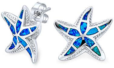 Große Nautische Hawaiian Tropischen Strand Urlaub Blau Inlay Erstellt Opal Seestern Ohrstecker Für Frauen Teenager .925 Sterling Silber Oktober Birthstone