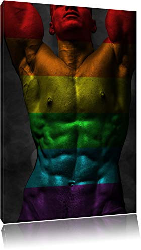 Pixxprint Sixpack Body Mann Regenbogen, Größe: 60x40cm, Leinwandbild, fertig gespannt, Wandbild, Dekoration, Kunstdruck, kein Poster