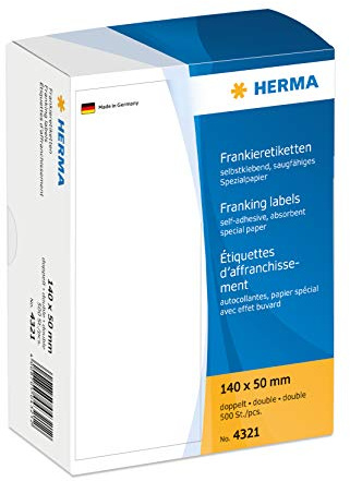 HERMA 4321 Frankieretiketten für Frankiermaschinen, doppelt, 140 x 50 mm, 500 Stück, selbstklebend, matt, 2fach Papier Frankier-Etiketten Klebeetiketten Aufkleber, weiß