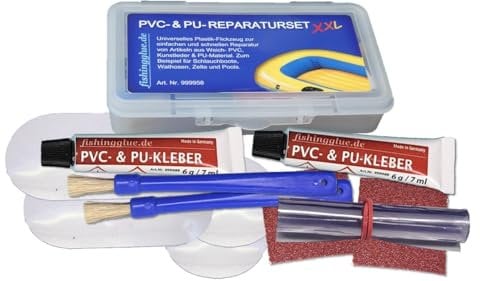 fishingglue.de PVC- & PU-Reparatur Set XXL, Plastik- Flickzeug (Vinyl, PVC, PU) Wasser-& UV-beständig für Schlauchboot Zelt Pool Gewebe Plane Markise Isomatte Luftmatratze bis 60°C wärmestabil
