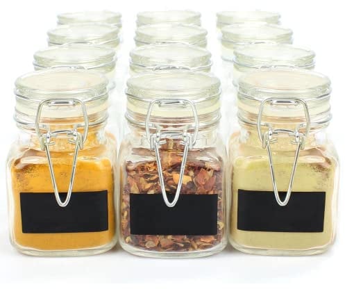 12 Mini Clip Top Glass Spice Storage Jars - 32 ml Glass Canister Containers with Lids, Labels and Chalk Pen | Perfect for Spice Storage, Jam, Honey, Gifting | Dishwasher & Microwave-safe | M&W