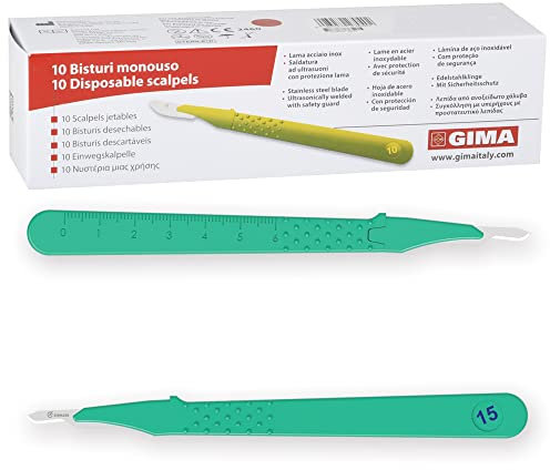 GIMA Bisturi in Acciaio Inox, Manico in ABS, Sterili e Monouso, Premium, Coprilama di Sicurezza, Misura n. 15, 10 Bisturi Singolarmente Confezionati