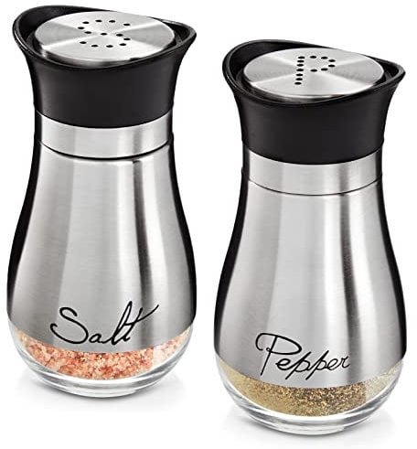 Salz- und Pfefferstreuer-Set aus Glas und Edelstahl mit Aufschrift Salt, Pepper, je 118 ml