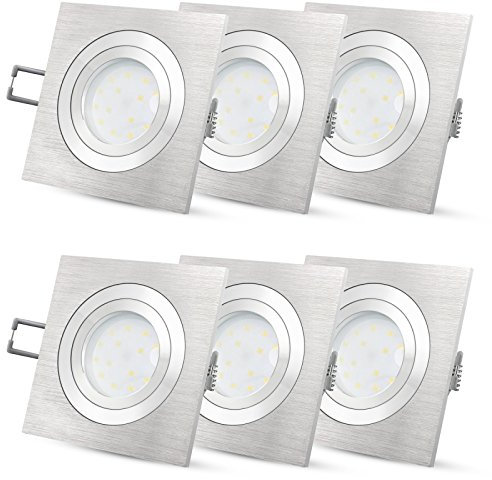 SSC-LUXon 6 Stück LED-Einbaustrahler Set flach für 230V ohne Trafo Einbauleuchte QF-2 schwenkbar Alu gebürstet für Deckeneinbau mit flachem 4W LED-Modul nur 30mm Einbautiefe in warmweiß 2700K