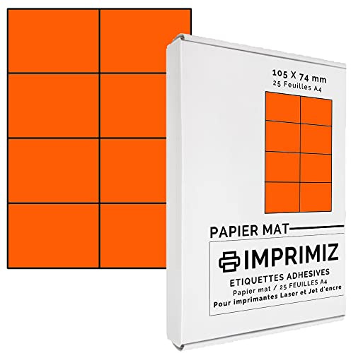 200 Selbstklebende Etiketten neon orange von 105 x 74 mm - 8 Etiketten/Blatt - 25 Blatt A4 / Papier matt - Farbe - Für Inkjet/Laser/Kopier Drucker - Etiketten farbig