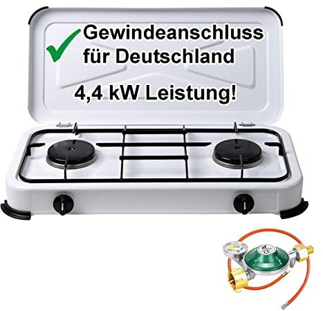Gaskocher Campingkocher 2-flammig 50 mbar mit Gasschlauch und Gasregler mit 360°-Manometer Gas Füllstandsanzeige und Schlauchbruchsicherung