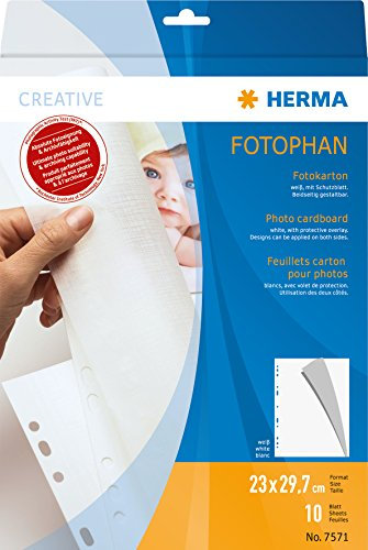 HERMA 7571 Fotokarton weiß, 10 Stück, 23 x 29,7 cm, 220 g/m², Tonkarton zum Abheften mit Pergamin Papier und Eurolochung für Fotos, Bilder, Postkarten, Fotoalbum, Ordner, Ringbuch oder zum Basteln