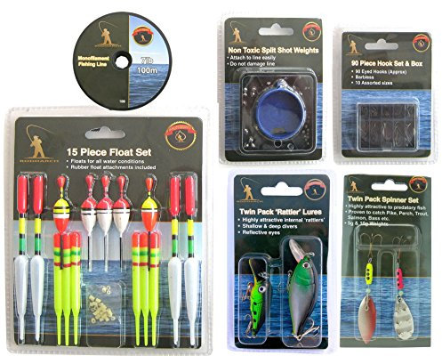 Fishing Tackle Set. Floats Weights Hooks Plugs Lures Spinners & Line.