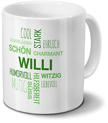 printplanet Tasse mit Namen Willi Positive Eigenschaften Tagcloud - Grün - Namenstasse, Kaffeebecher, Mug, Becher, Kaffeetasse