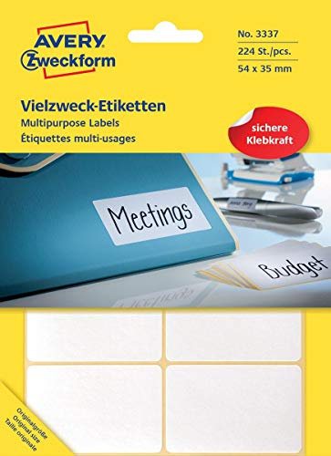 Avery Zweckform 3337 Haushaltsetiketten selbstklebend (54 x 35 mm, 224 Aufkleber auf 28 Bogen, Vielzweck-Etiketten für Haushalt, Schule und Büro zum Beschriften und Kennzeichnen) blanko, weiß