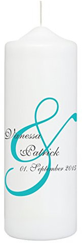 Weddix Hochzeitskerze Weiß mit & Zeichen in Türkis als Verzierung - Personalisiert mit Namen des Brautpaars und Datum der Hochzeit, Traukerze mit Spruch