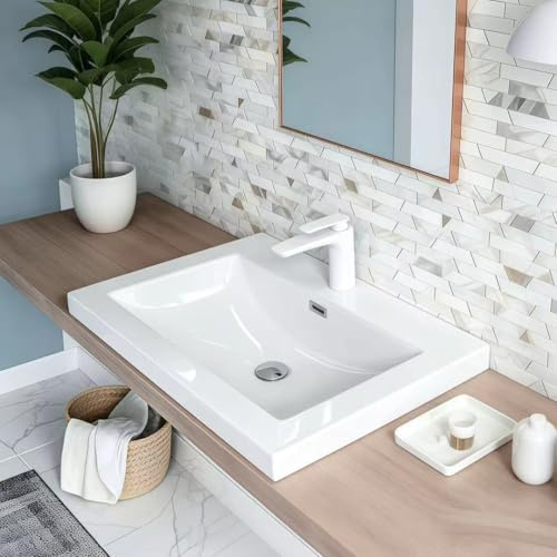 Durovin Bathrooms Luxurious Stone Resin Bathroom Basin - Self Rimming Drop in Sink - Semi Recessed - One Tap Hole with Overflow (765 x 480mm)