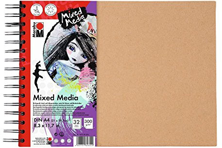 Marabu 1612000000202 - Ringbuch Mixed Media, 300 g/qm, 32 Blatt, DIN A4, weiß, Papier fein gekörnt, säurefrei, lichtbeständig, für Techniken mit hohem Farbanteil, hochwertige Ringbindung