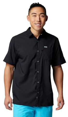 Columbia Mens Slack Tide Short Sleeve Camp Shirt, Black, Small