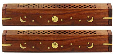Sheesham Wood Incense Burner Holder - Set of 2 Coffin Style Sun Moon Inlay Handmade Aromatherapy Room Freshener Fragrance Cone Incense Stick Burner Ash Catcher - Zen Home Gift - 12x2x2 - COTTON CRAFT