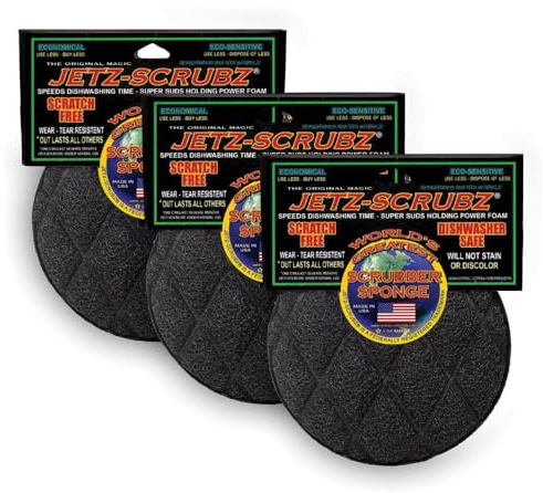 Jetz-Scrubz Scrubber Sponge, Round, Set of 3, Scratch-free material, Black, 3 Count (Pack of 1)