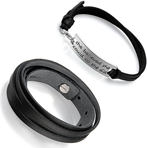 Aroncent 2PCS Herren Damen Armband, Schwarz Wickel Lederarmband Armreif mit She Believed She Could So She Did Gravur Anhänger