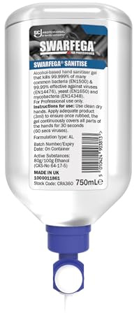 Swarfega Sanitise Alcohol Hand Sanitiser Gel, 750 ml Refill Bottle | Perfume-free alcohol gel with glycerin and panthenol for trades and workshops, no water needed, fits inverted dispensers