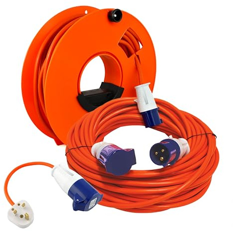 Netagon Travel Kit Heavy Duty Extension Lead Cable with Reel & Hook Up Adaptor | 240V 16a Mains Power | Ideal for Camping Caravan Campervan & Motorhome (25M Extension Lead with Cable Reel, UK Hook Up)