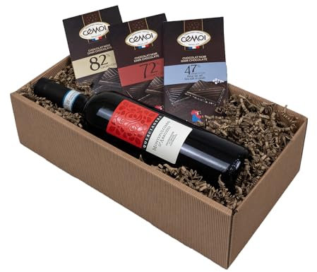 The Wine Guys Präsentkorb „GENUSSBOX“ mit Wein und Schokolade in einem Geschenkkarton | Italienischer Rotwein Montepulciano D`Abruzzo und drei französische Schokoladentafeln als Geschenkset