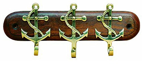 SEA-CLUB Handels-GmbH Schlüsselbrett mit 3 Ankerhaken aus Holz/Messing