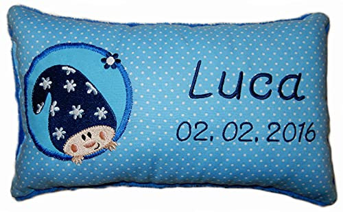Momelie Blaues Schmusekissen * Kuschelkissen * Wichtel * mit Namen Bestickt * 17 x 29 cm * SK-bl_0059