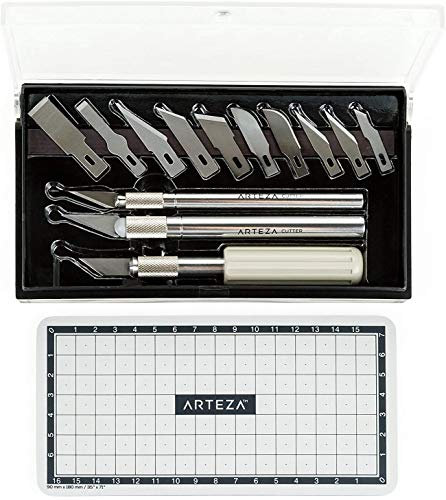 Arteza Hobbymesser Set, 3 Griffe und 13 verschiedene Skalpell-Ersatzklingen, praktische Schneidematte, Bastelmesser-Set in Aufbewahrungsbox