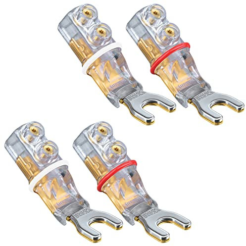 WBT WBT-0681 Cu Kabelschuh aus Reinkupfer für Lautsprecher, Gabelweite: 8 mm 4er-Packung (2 x Rot und 2 x Weiß).