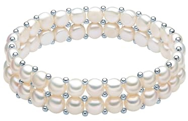 Valero Pearls Damen Perlenarmband Zweireihig mit Süßwasser-Zuchtperlen Weiß | Perlengröße 6-7mm,Button-Form,925/- Sterling Silber,flexibel,ohne Verschluss,19cm,Armband,echte Perlen,Perlenarmschmuck