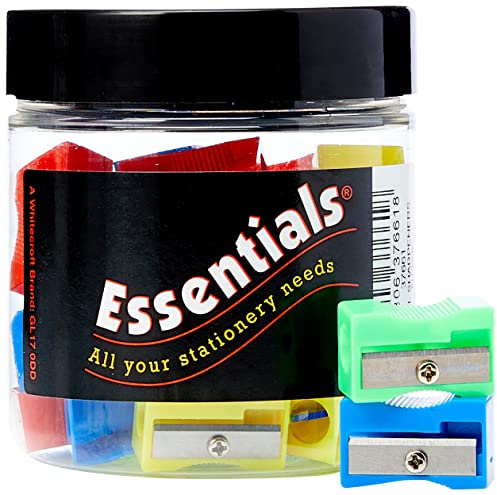 Whitecroft Essentials Stationery Tubs Plastic Pencil Sharpeners - Assorted Colours (Pack of 30)